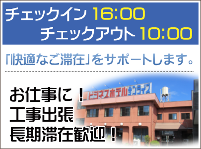 チェックイン　16：00チェックアウト　10：00※チェックインが遅くなる場合は、ご連絡をお願いします。